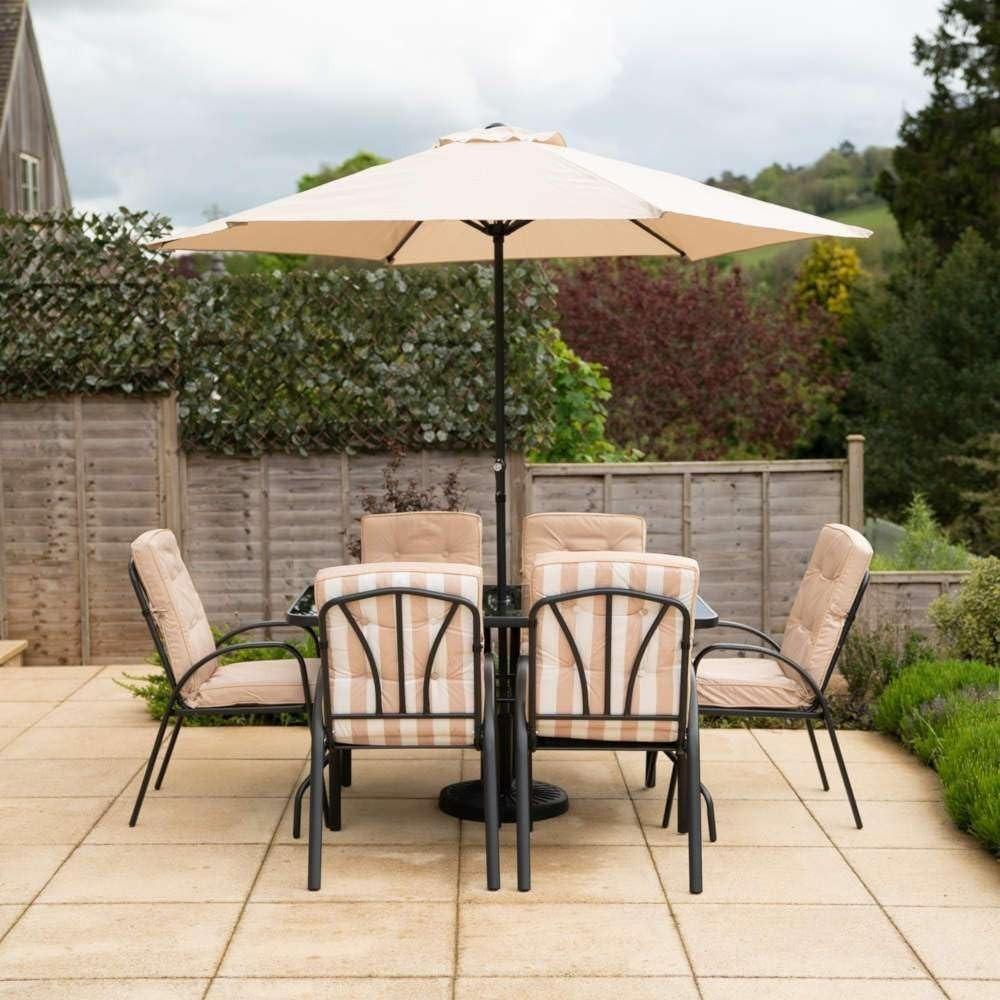 6 Seater Garden Table Set w/ Parasol Outdoor Patio Dining Furniture Beige