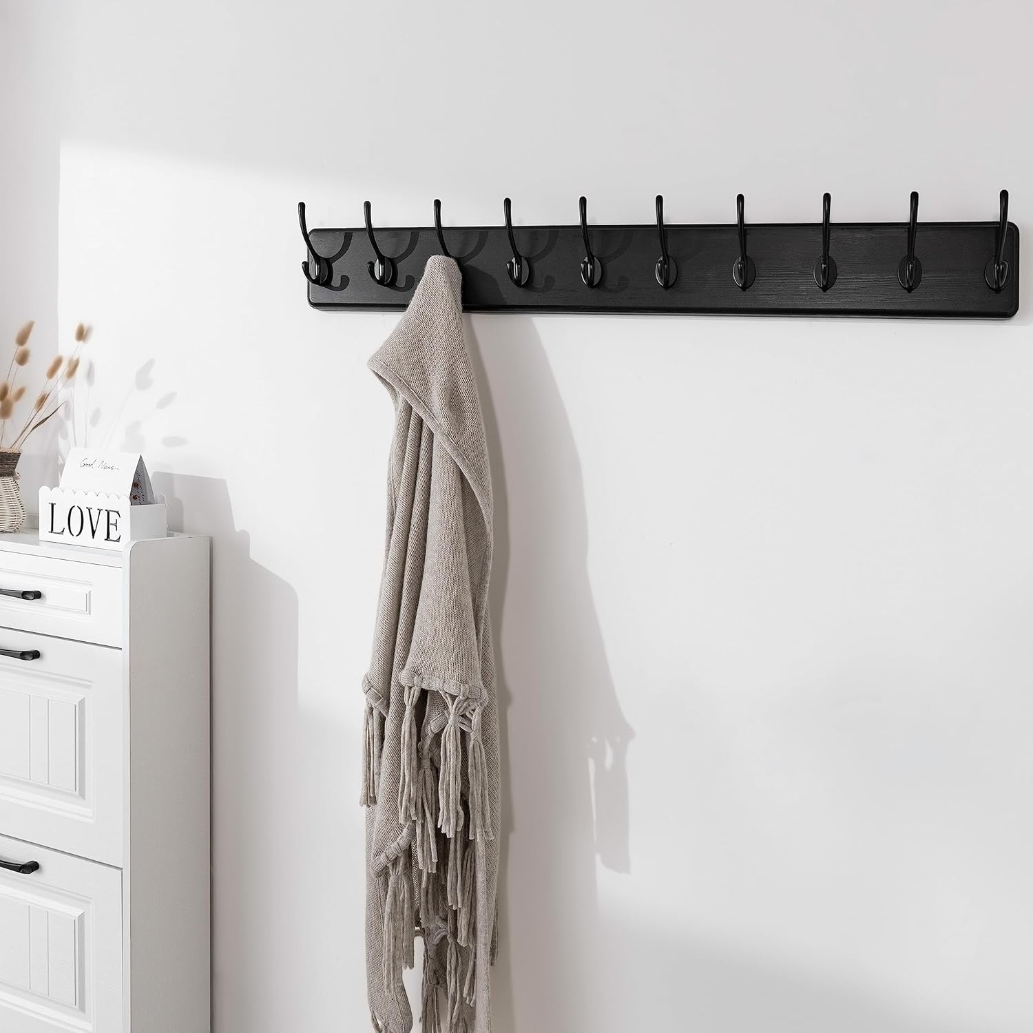 Black Solid Wood Wall Mounted Coat Rack with 10 Hooks | Modern Farmhouse