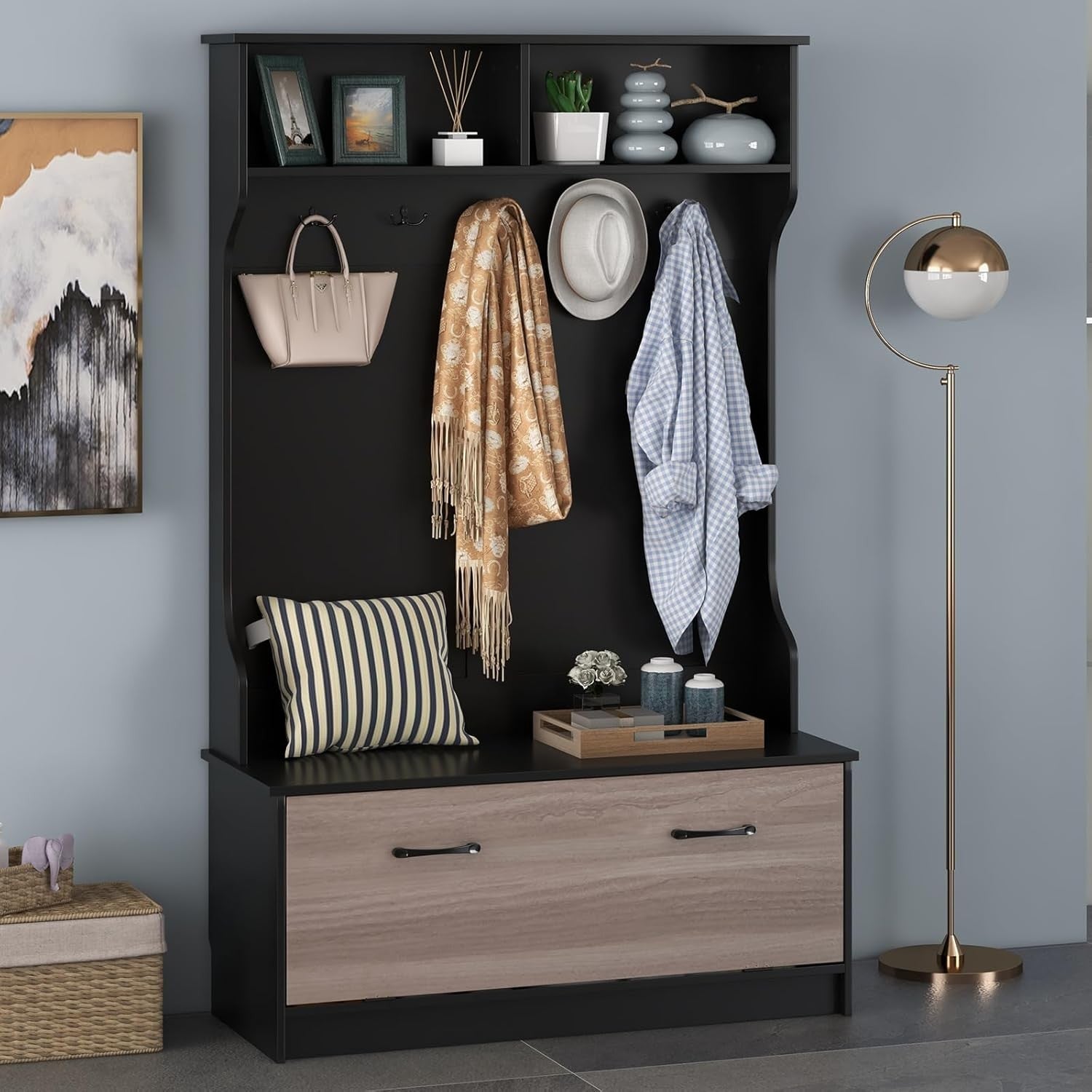 Black Hall Tree Coat Rack with Shoe Bench & Shelves Freestanding Entryway Unit