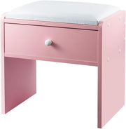 Pink Padded Vanity Stool with Drawer – Comfortable Makeup Stool for Bedroom