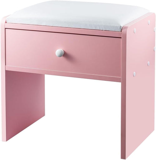 Pink Padded Vanity Stool with Drawer – Comfortable Makeup Stool for Bedroom