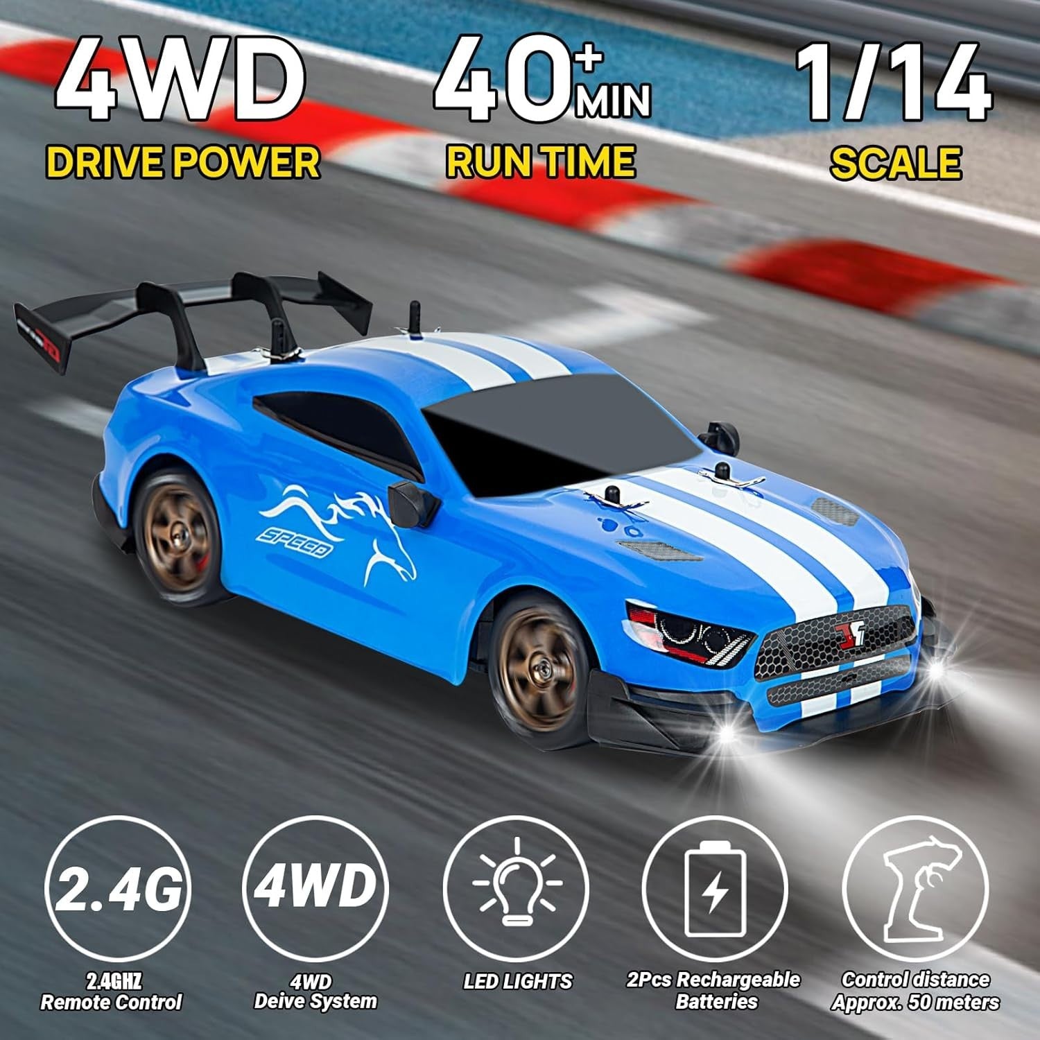 1:14 4WD RC Drift Car Pro Steering & Throttle GT Racer w/ Drift Tires LED