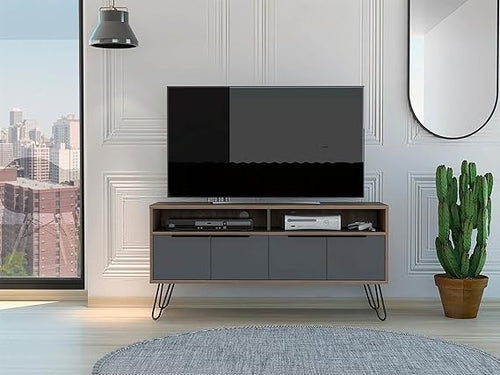 Widescreen TV Cabinet with 4 Door Storage & Metal Hairpin Legs – Grey Oak
