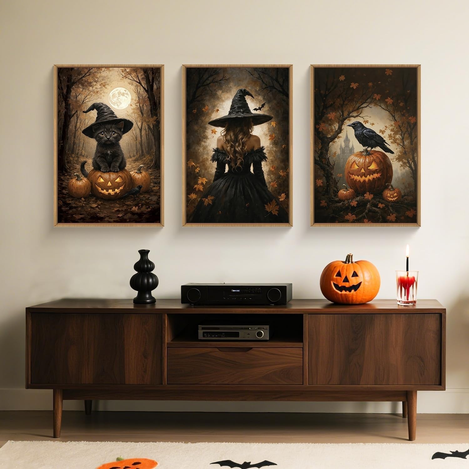 Halloween Framed Canvas Wall Art Set 3 Spooky Witch Cat Pumpkin Decor