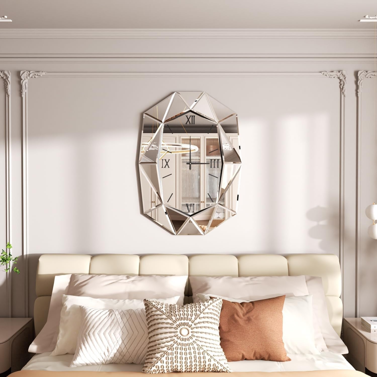 Beveled Glass Wall Clock with Roman Numerals | Silent, Modern Silver Decor