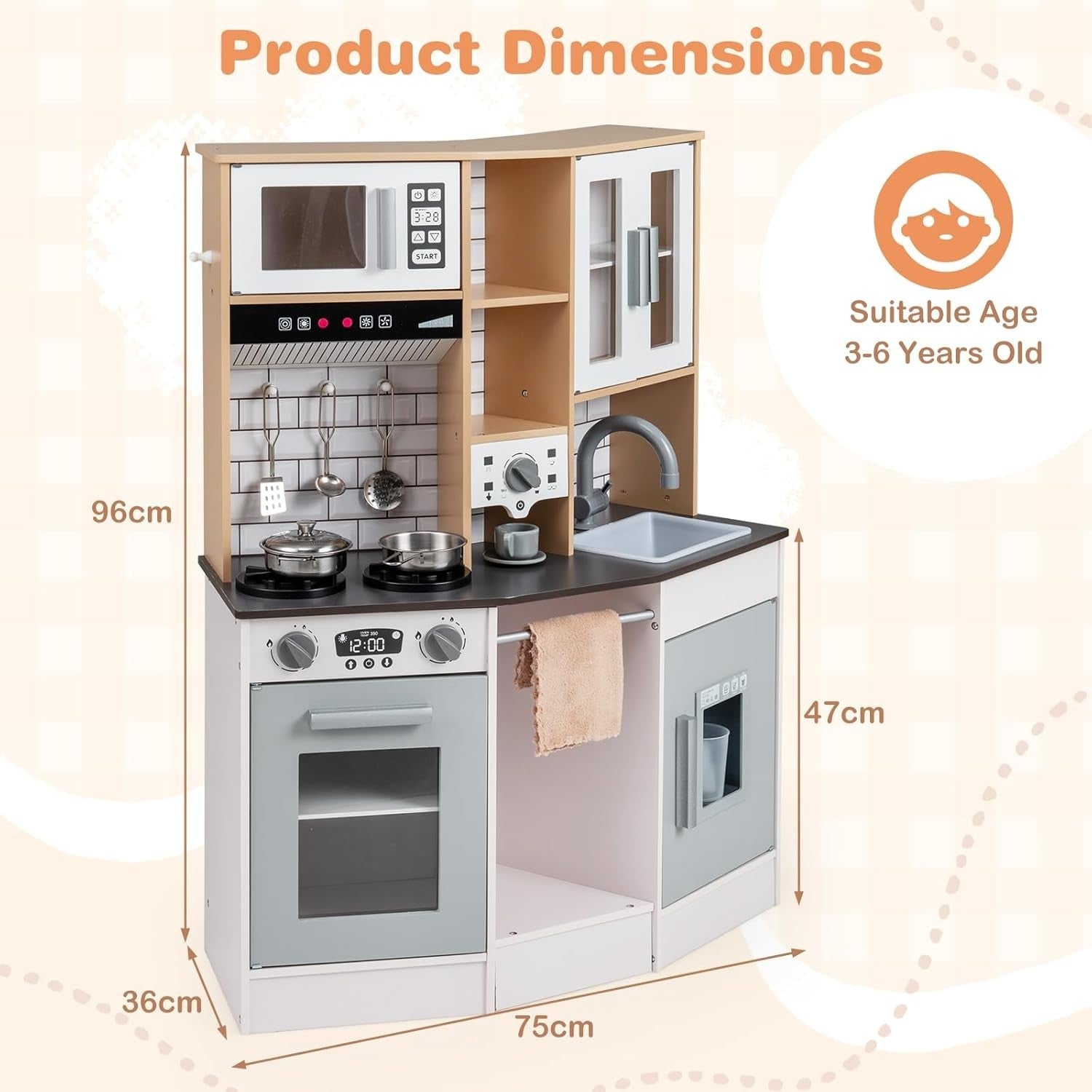 Wooden Kids Play Kitchen Lights Sounds Coffee Maker Grey Toy