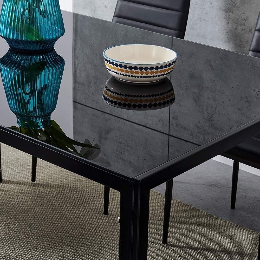 Modern 6-Seater Black Glass Dining Table Set with PU Leather Chairs