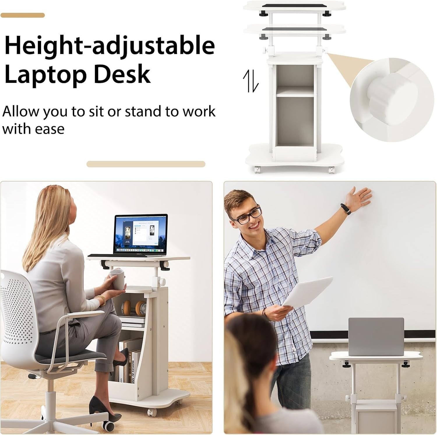 Height Adjustable Overbed Laptop Table on Wheels Storage Cabinet White