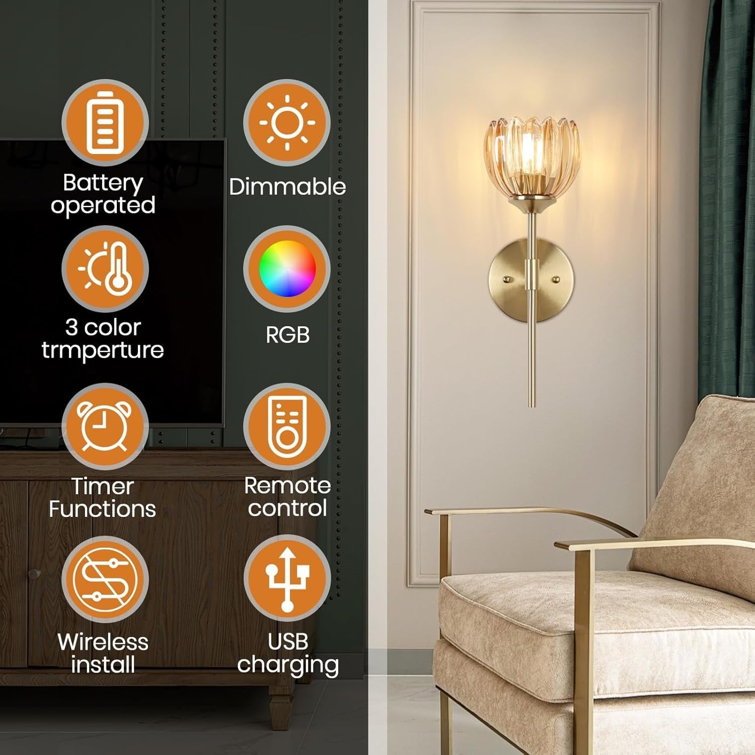 Rechargeable Wall Lights 12 Colors Remote Dimmable Amber Glass 2-Pack