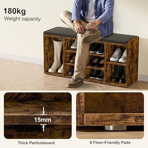 Rustic Shoe Storage Bench with Cushion Seat 9 Cubes Adjustable Shelves Entryway
