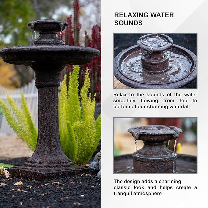 Outdoor Water Fountain Bird Bath – 28" Resin Garden Cascade Feature