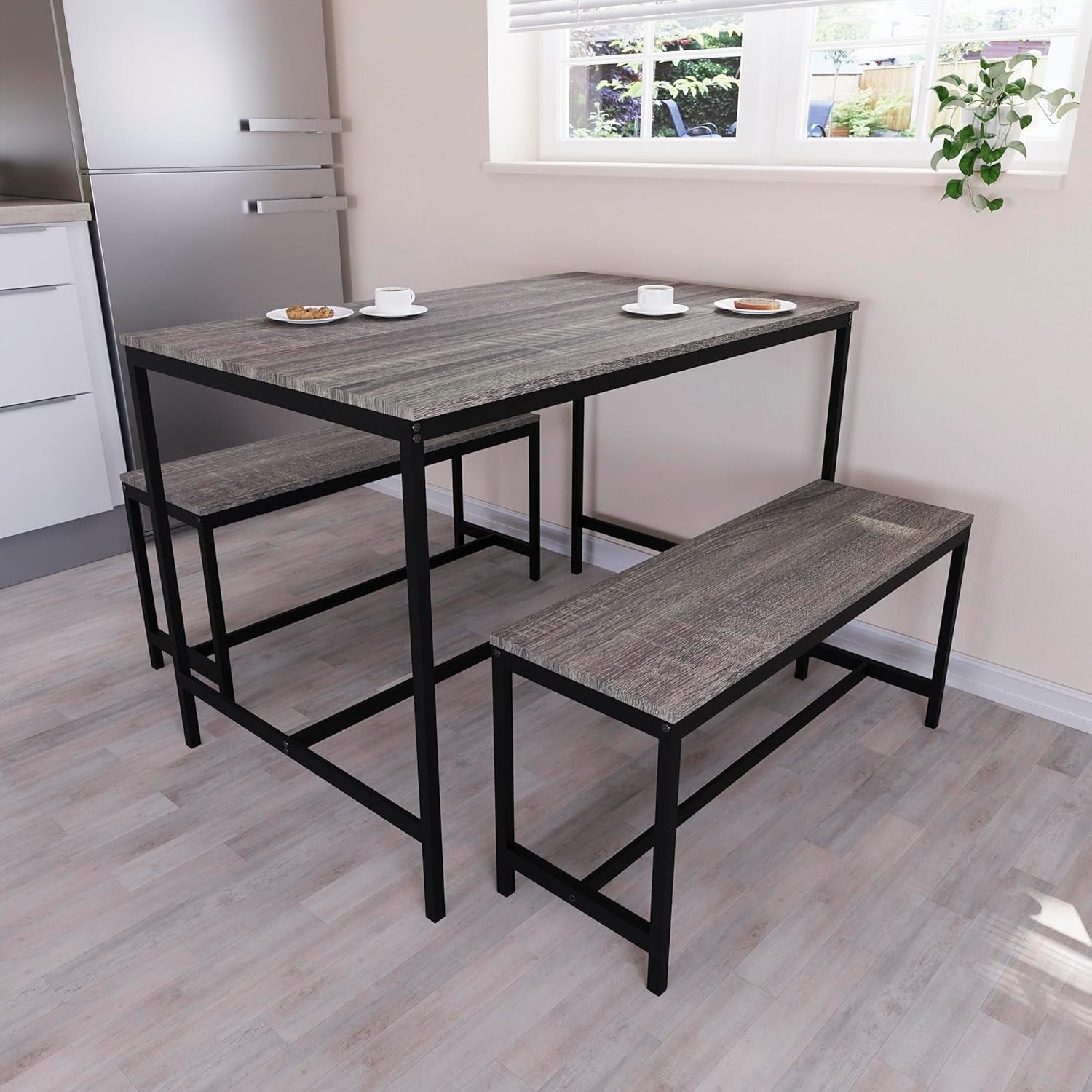 4 Seater Dining Table Set with 2 Benches - Solid Metal Frame, Modern Design