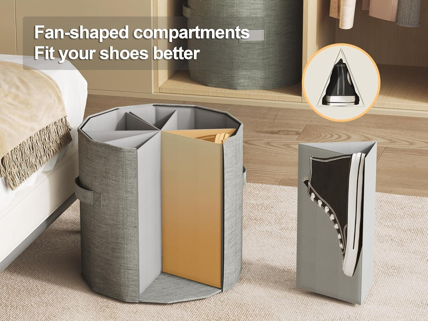 Large 2-Pack Cylindrical Shoe Organizer with Adjustable Dividers Foldable Gray