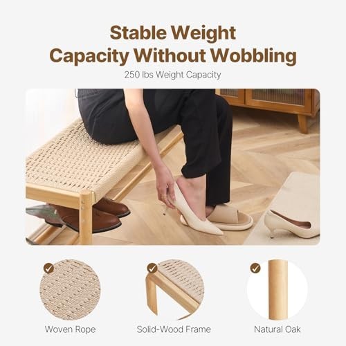Natural Rattan Wooden Bench with Oak Legs, Handwoven Seat & Shoe Storage