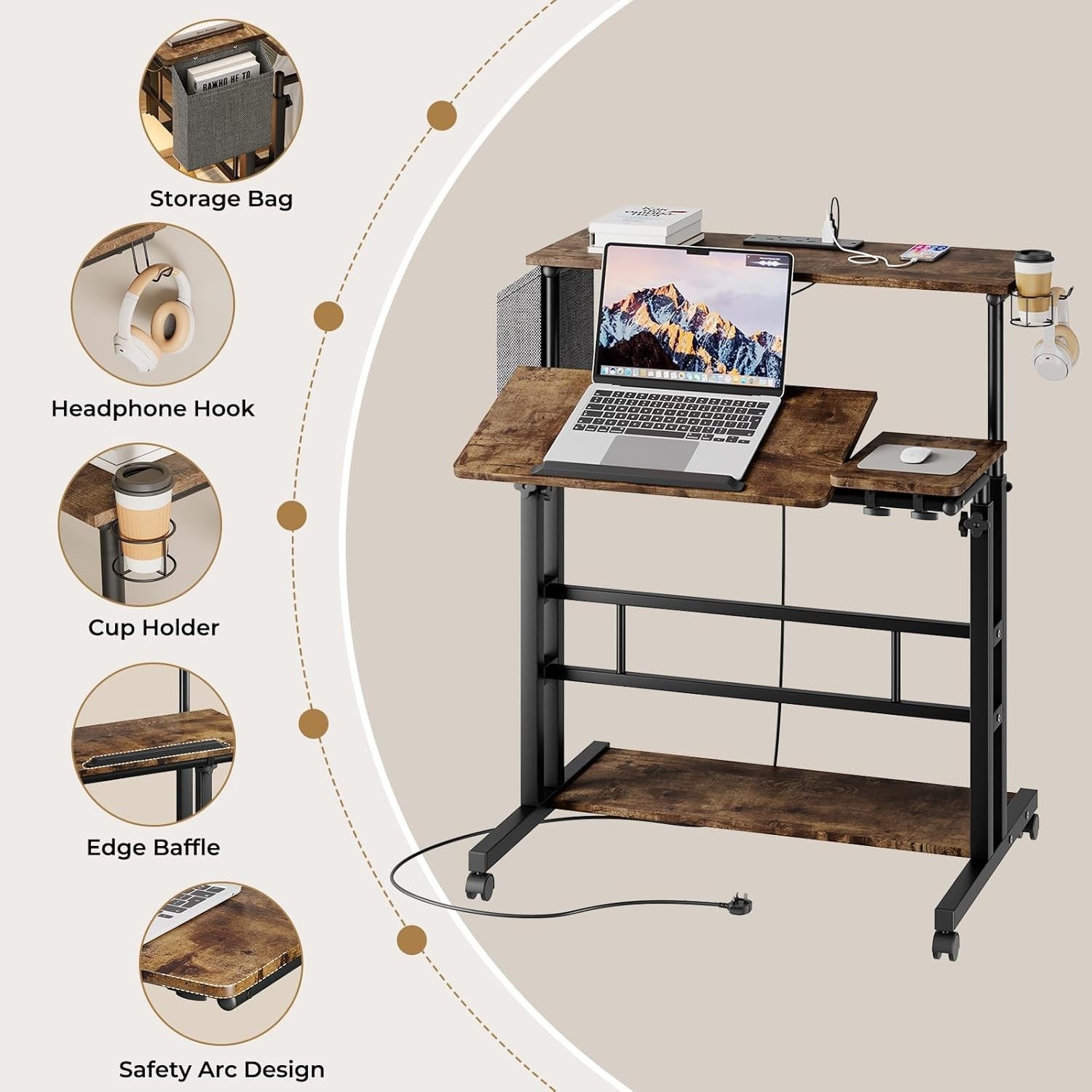 Height Adjustable Standing Desk with Power Outlets Rolling Stand Table
