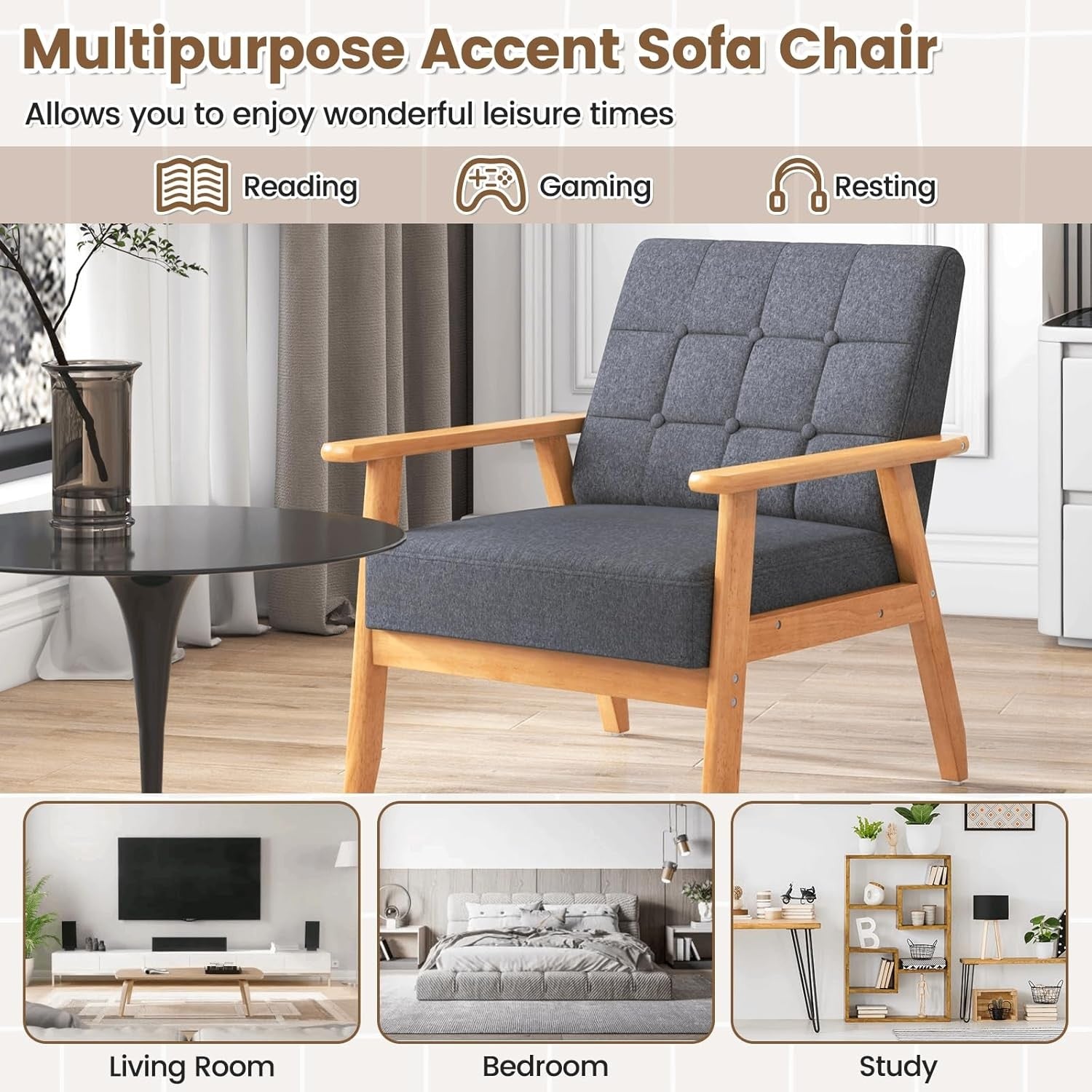 Button Tufted Accent Armchair Linen Lounge Chair Wood Frame