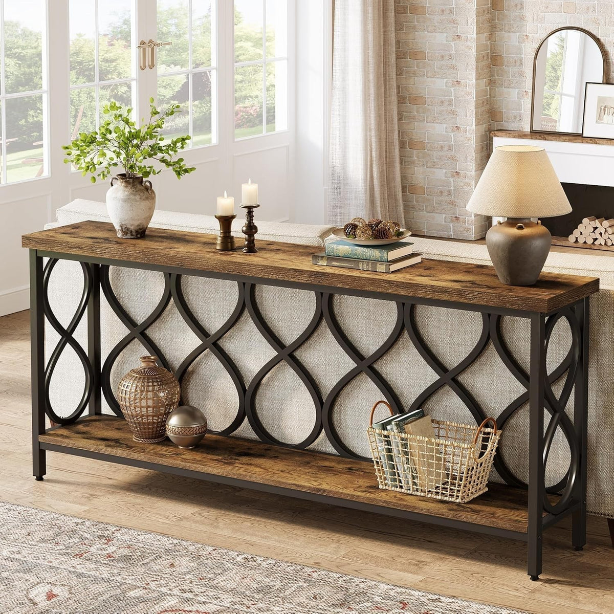 Industrial Console Table 90x90x40cm Rustic Brown 2-Tier Sofa Entryway
