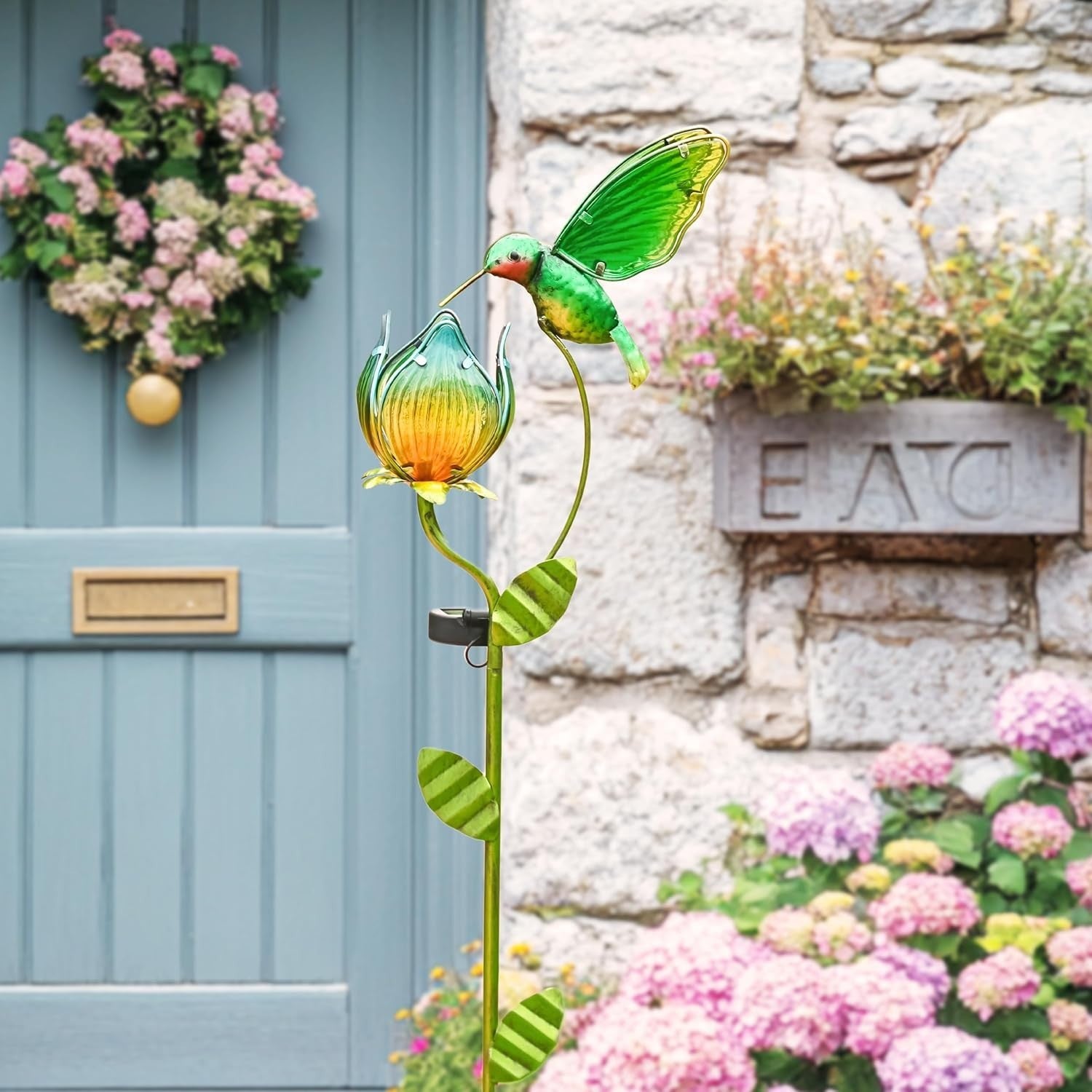 Solar Hummingbird & Tulip Garden Light Glass LED Outdoor Yard Stake Decor 97cm