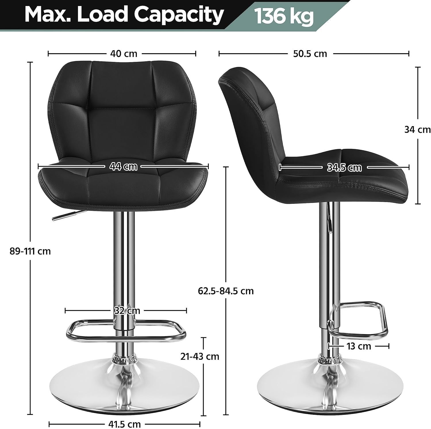 Adjustable Swivel Bar Stools Set of 2 Black PU Counter Chairs