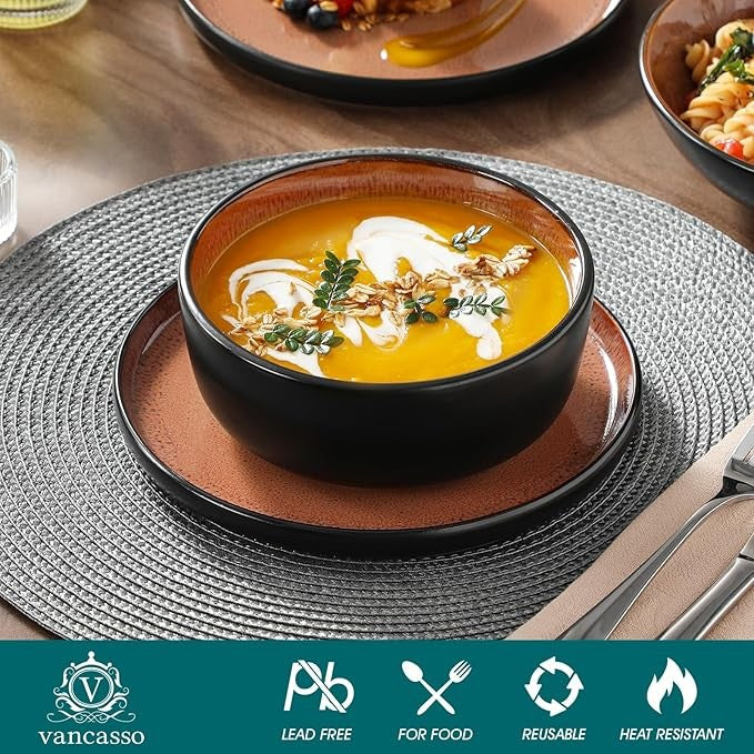 18pc Stoneware Dinner Set Plates Bowls Reactive Glaze Service for 6 Amber