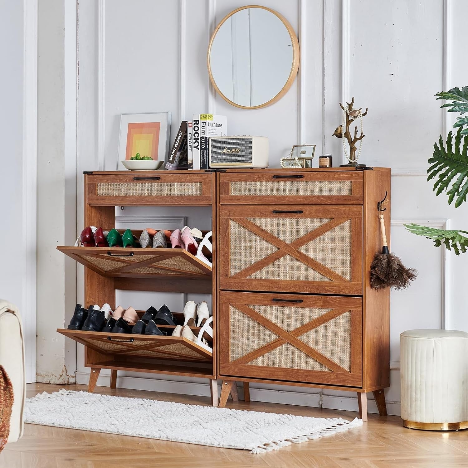 Narrow Shoe Cabinet with Rattan Flip Drawers, Large Storage for 16-20 Pairs
