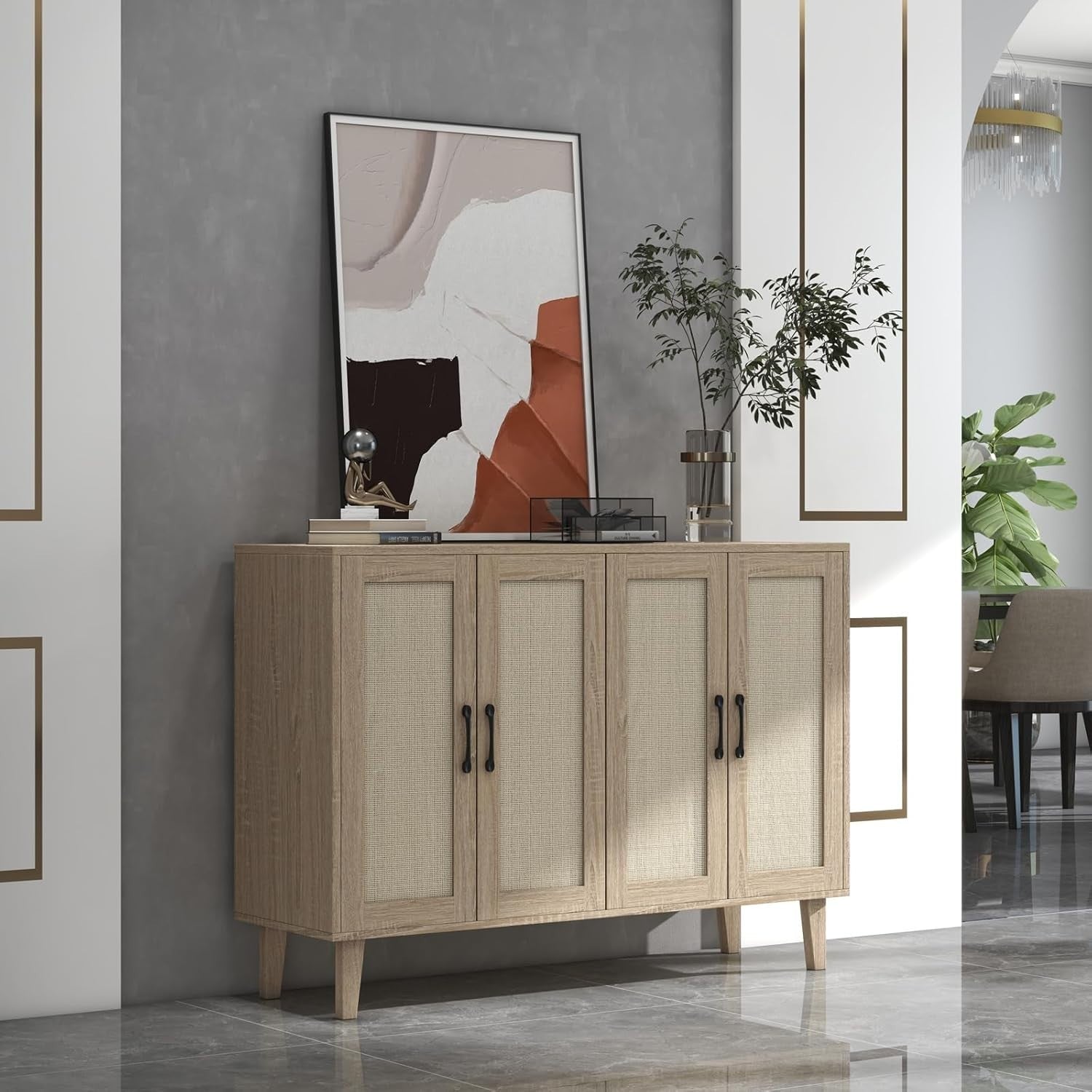 Natural Wood Buffet Storage Cabinet with Rattan Doors Adjustable Shelves
