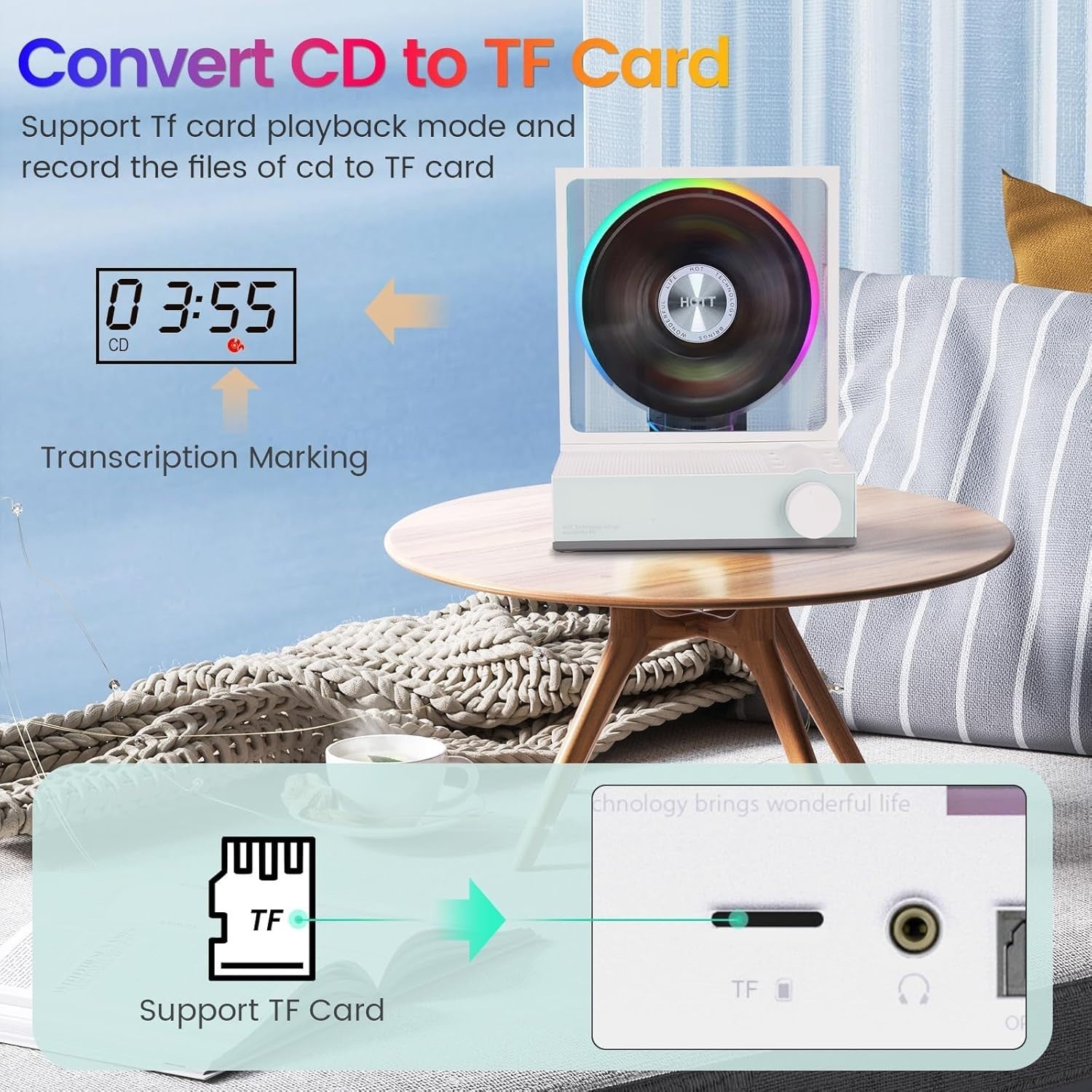 Portable CD Player Bluetooth 5.3 Speakers RGB Lights USB TF Remote