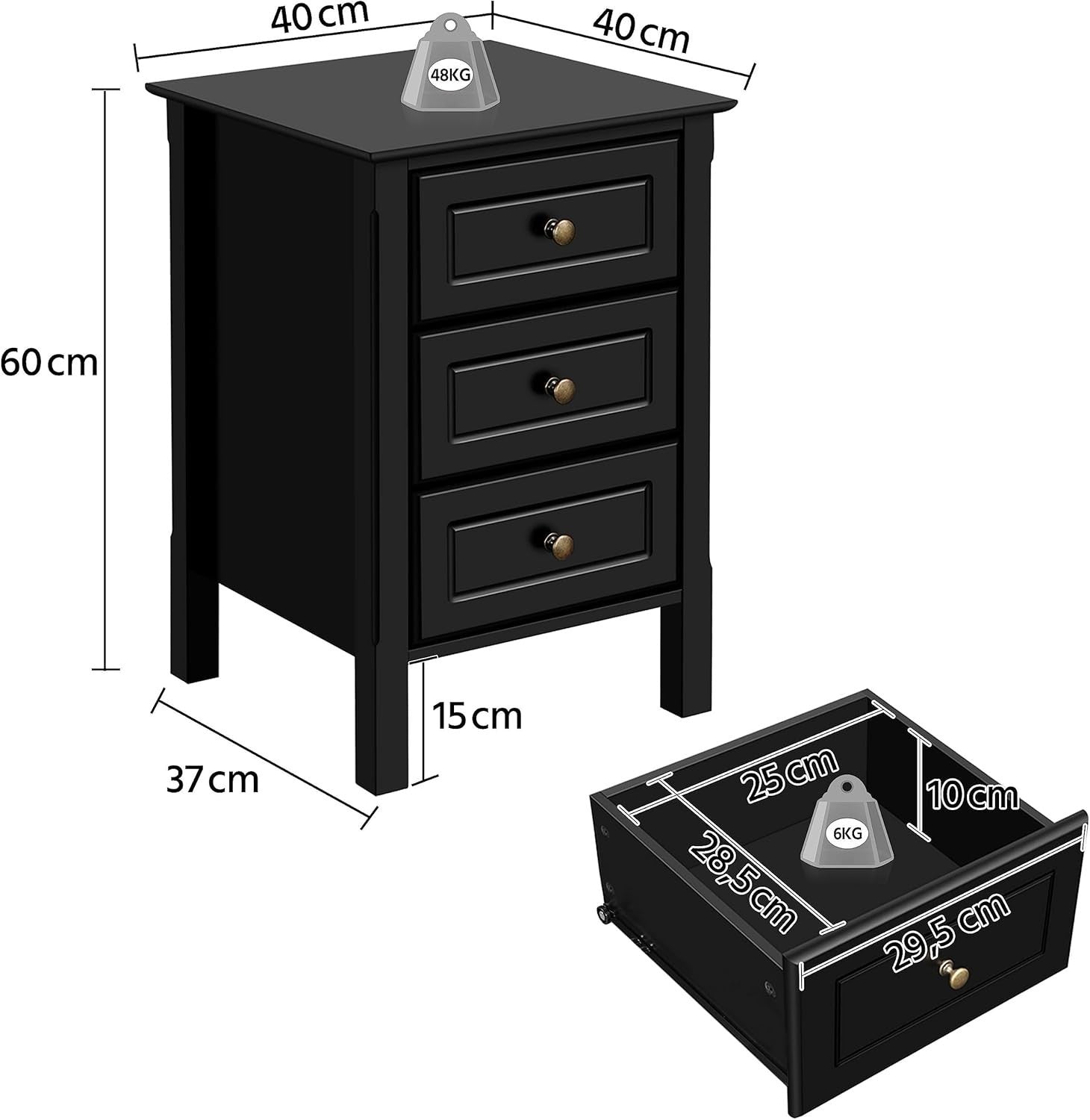 Black Bedside Tables Set of 2 | 3 Drawer Nightstands | Solid Wood Legs