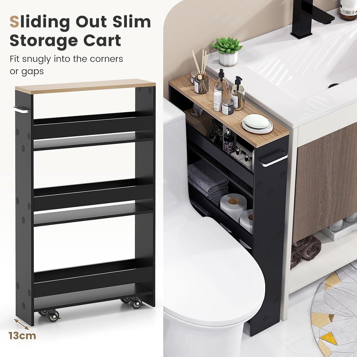 Slim 4 Tier Rolling Storage Cart Narrow Utility Trolley Black Natural