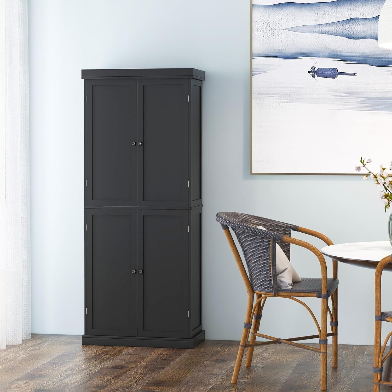 Tall Black Kitchen Cupboard 4 Door Pantry Storage Cabinet Adjustable