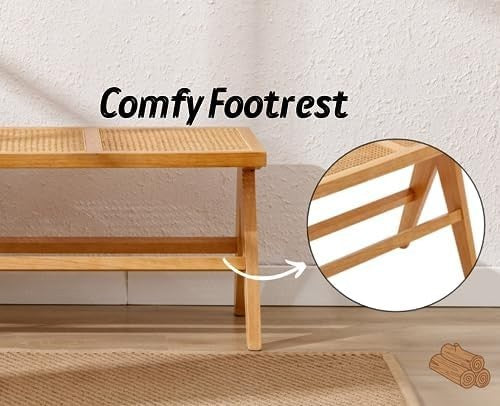 Rustic Wooden Rattan Bench Dining Entryway Ottoman Seat for Home Decor Yellow