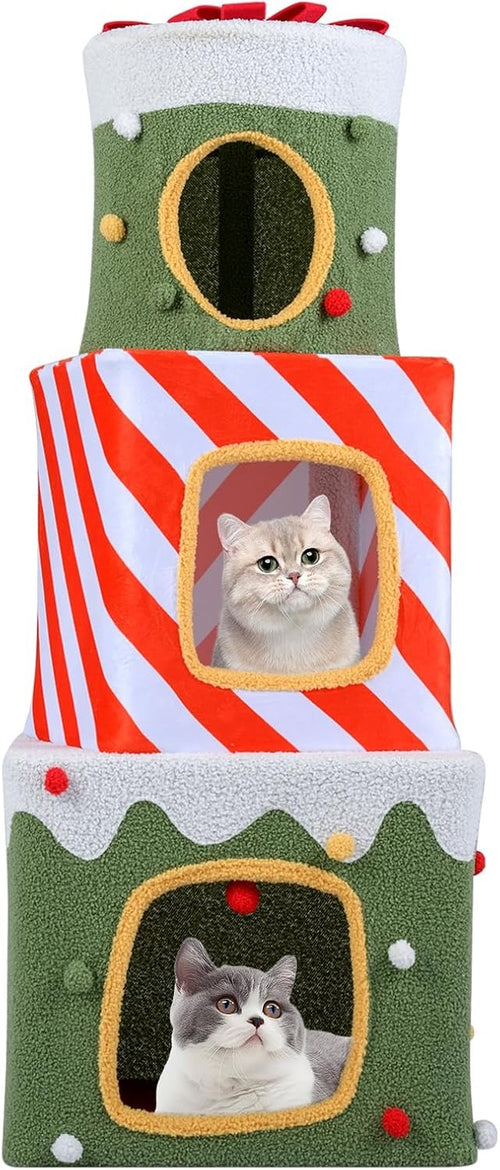 3 Tier Stackable Cat House Condo Green Red White Plush Indoor Cat Hideaway