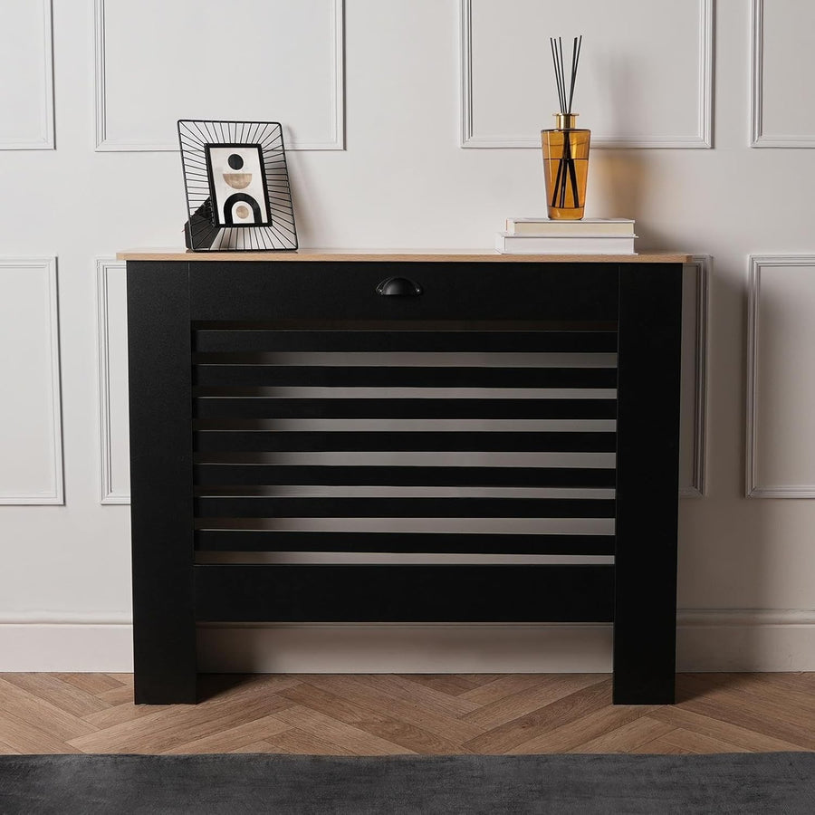 Modern Black Radiator Cover Shelf | Natural Oak Top Heating Cabinet