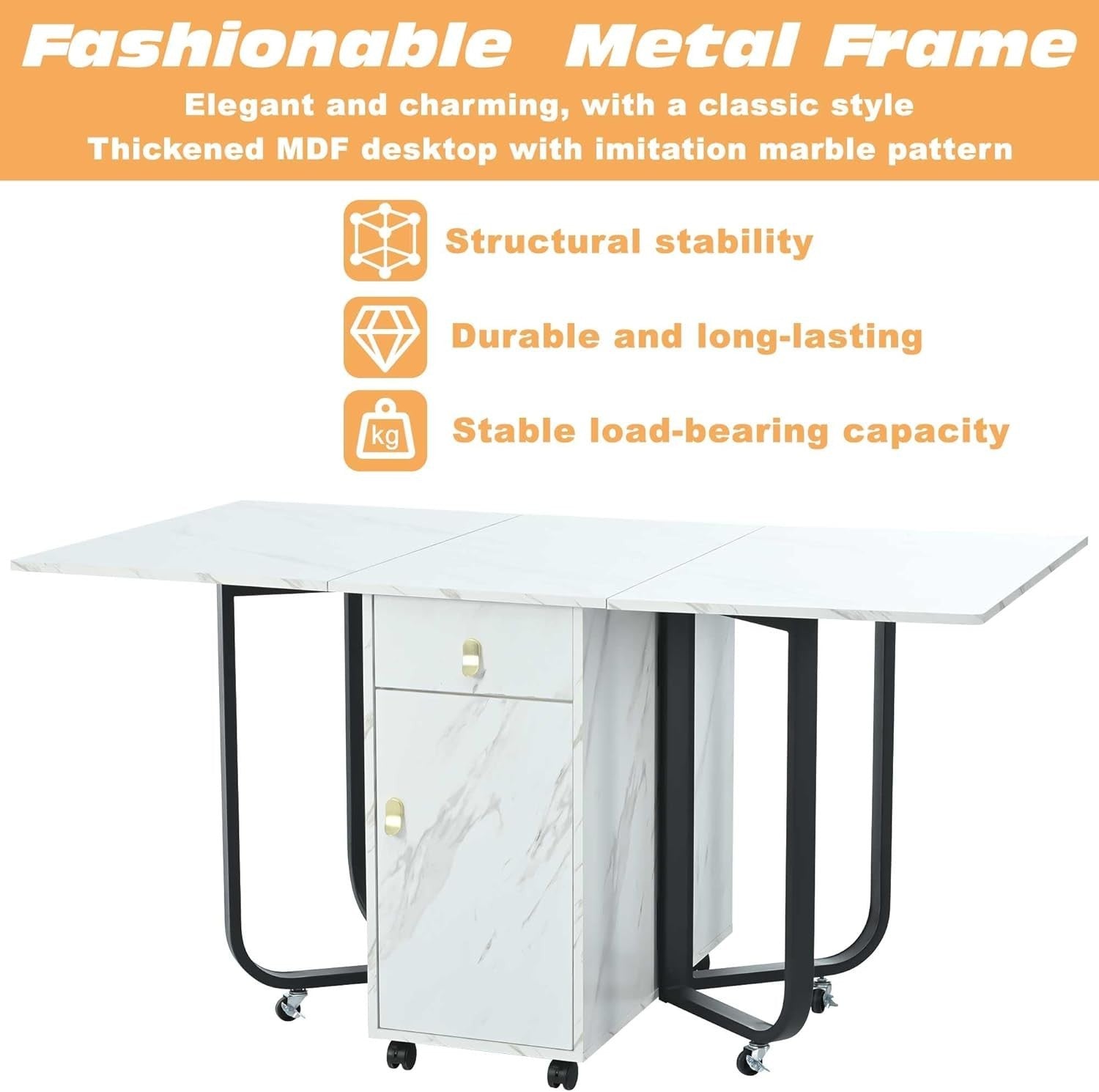 Folding Kitchen Island Unit  - Marble Dining Table with 2 Storage Drawers