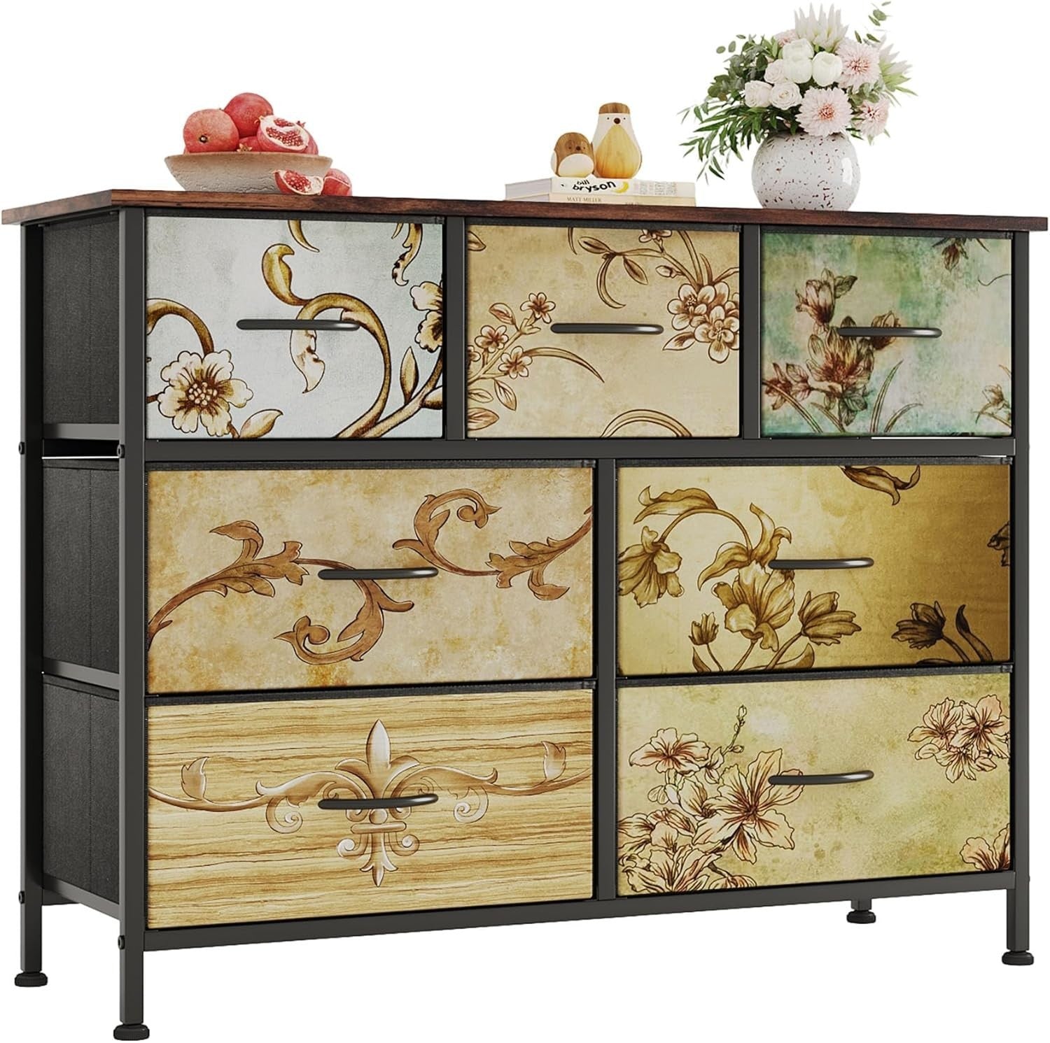 7 Drawer Tall Chest Storage Unit Rustic Fabric Dresser for Bedroom Hallway