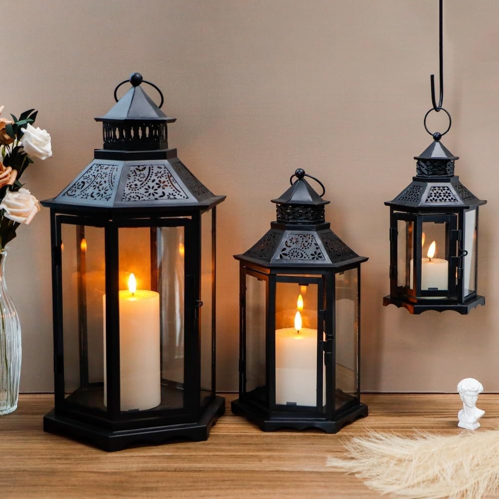 3-Pack Black Vintage Metal Candle Lanterns