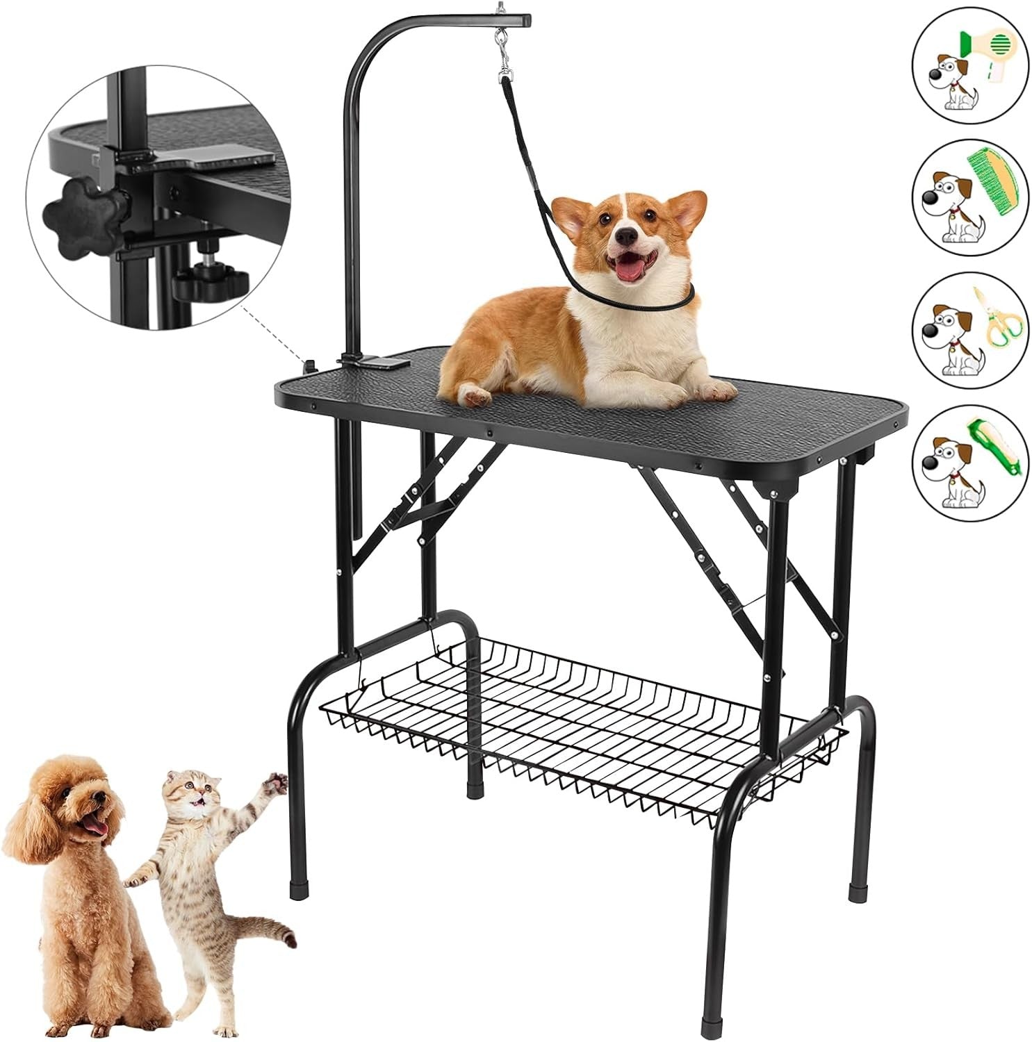 Foldable Dog Grooming Table 32in Non Slip Adjustable Arm Storage Basket