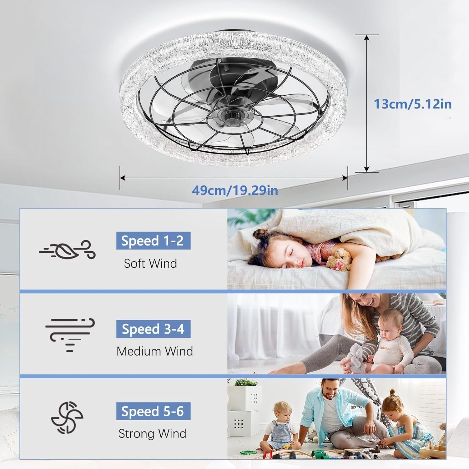 Litglobe 49CM Reversible Ceiling Fan with LED Light, 6-Speed, Dimmable, Quiet