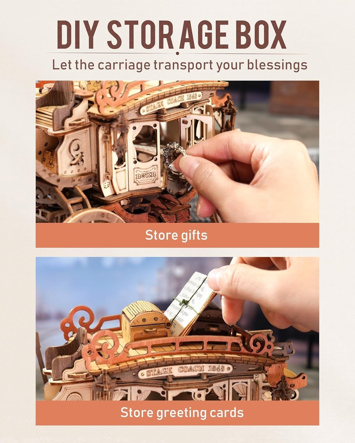 3D Wooden Stagecoach Puzzle Kit with Music Box – DIY Gift for Adults & Kids