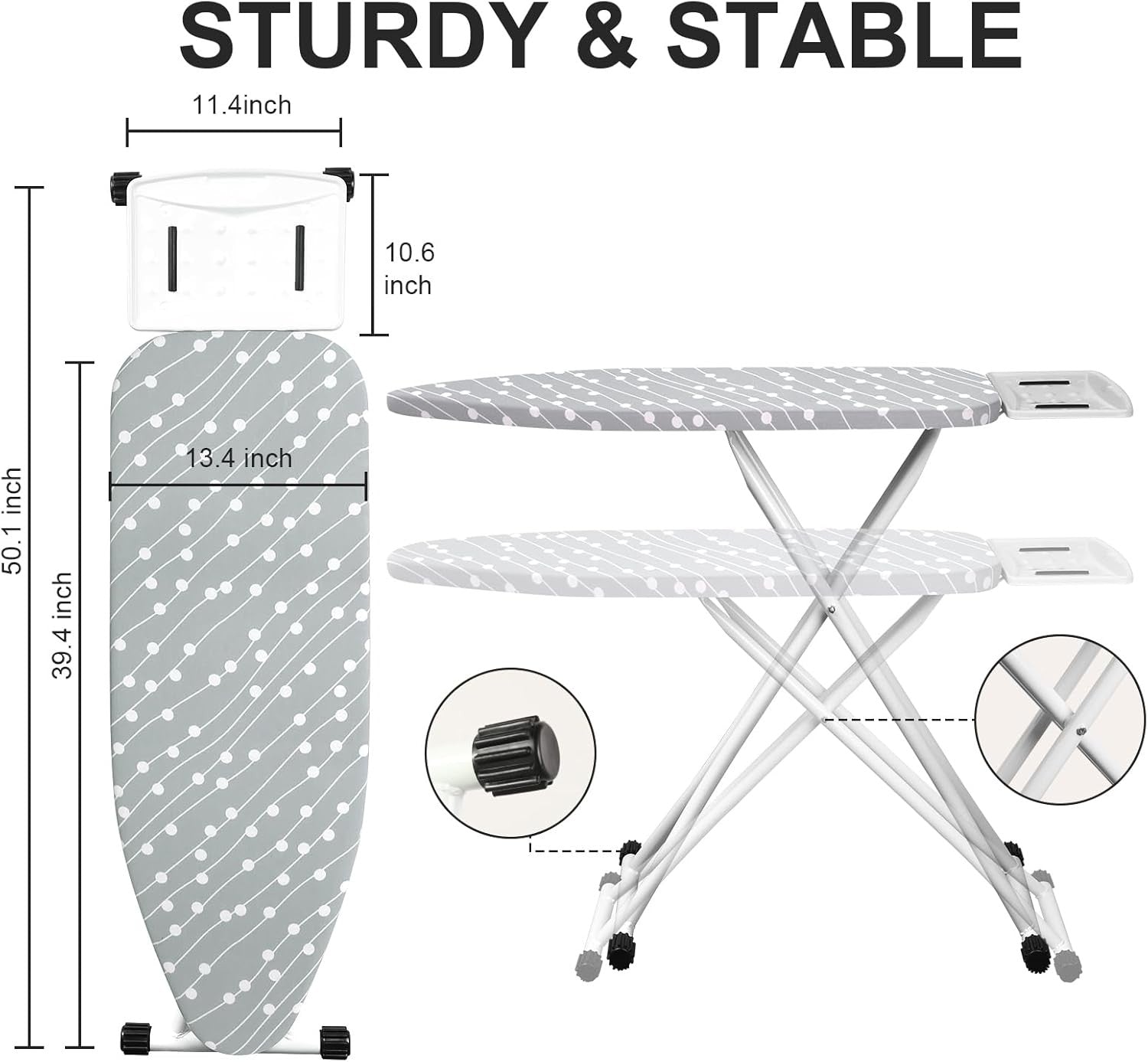 Adjustable Folding Ironing Board Blue Dots Compact Steel Frame with Iron Rest