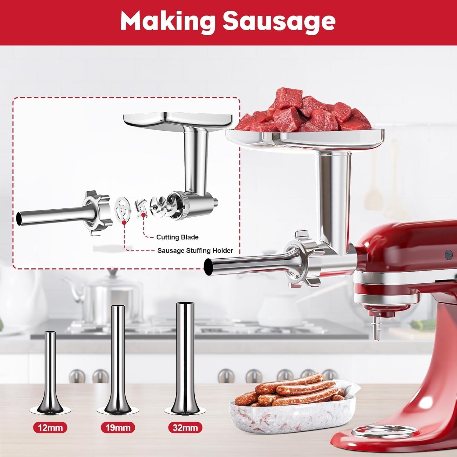 Meat Grinder Attachment Stand Mixer Sausage Stuffer 3 Tubes Metal