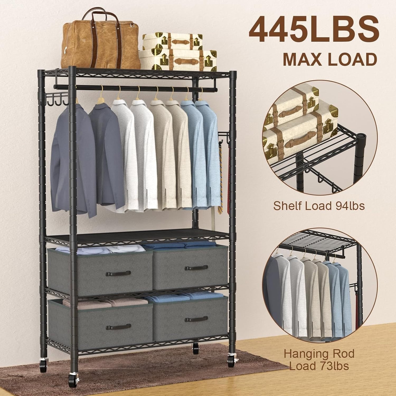 4-Tier Heavy Duty Clothes Rail with Drawers & Hooks – Black 90×40×189cm (S)