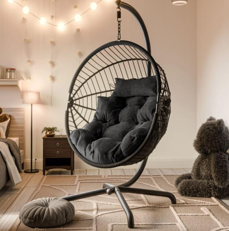 Hanging Egg Chair Garden Swing Seat Rattan Black with Cushion & Steel Frame