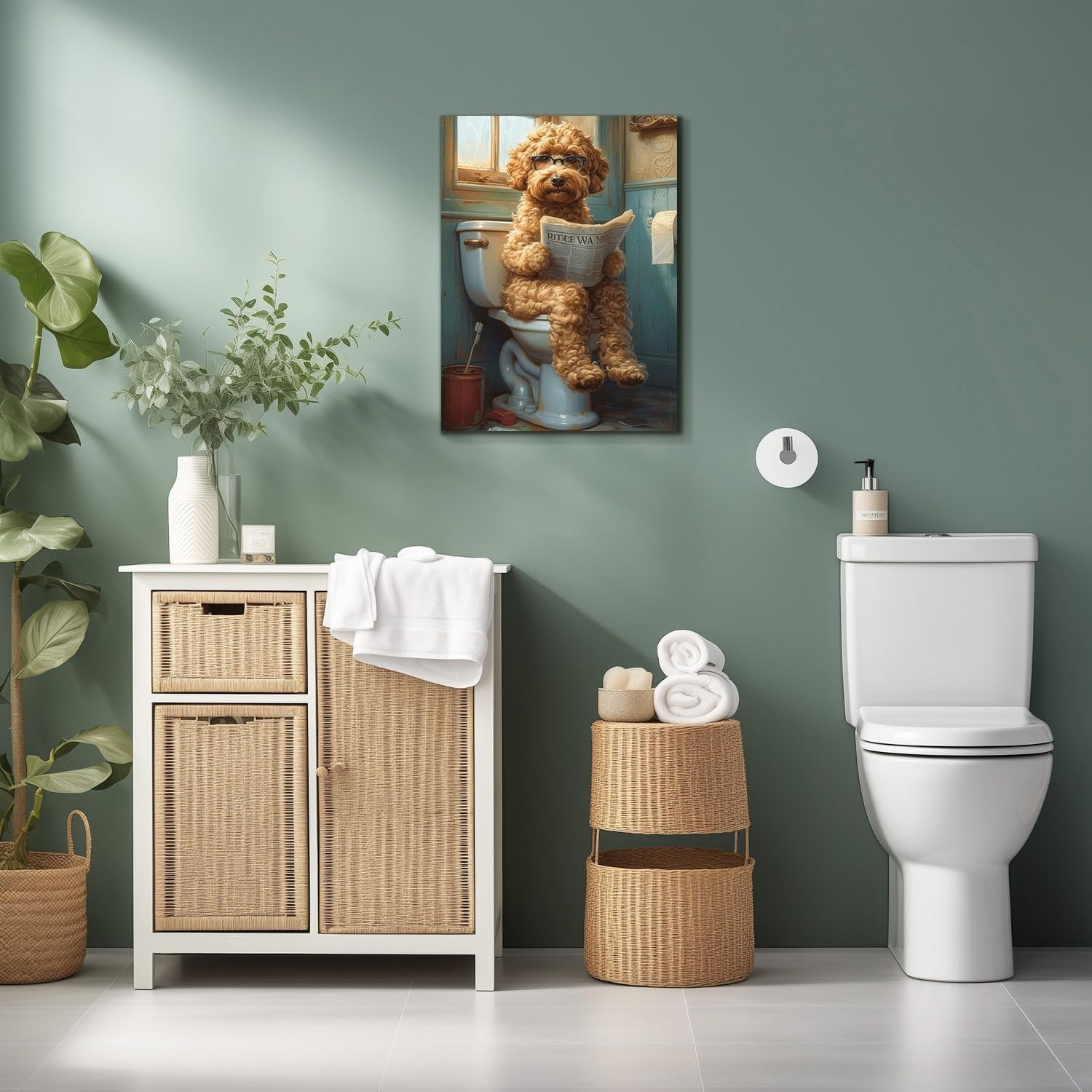 Funny Dog Canvas Wall Art 12x16 Framed Bathroom Decor