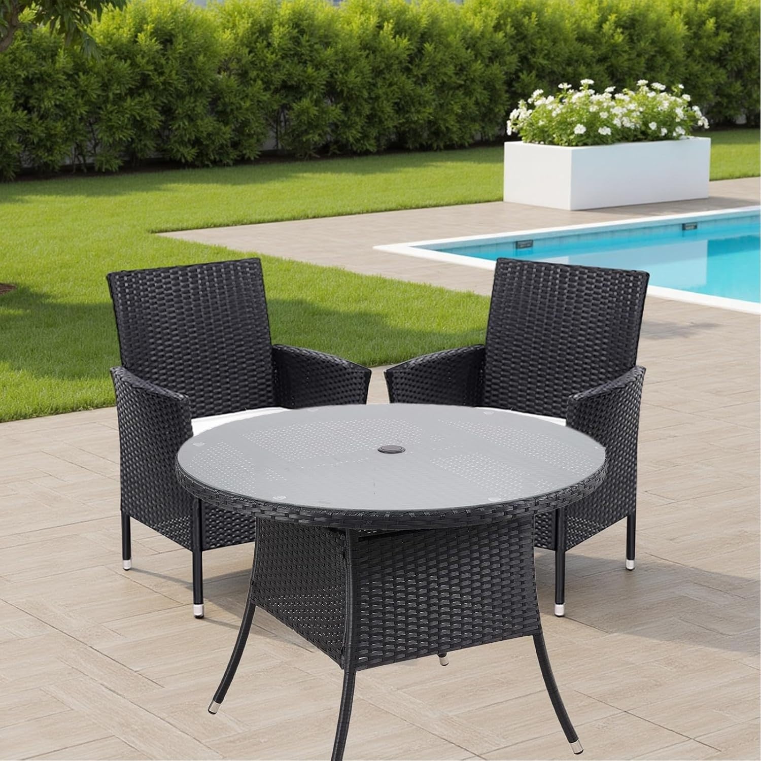 Black Rattan Garden Dining Chairs Set of 2 Cushioned High Back Patio Armchairs