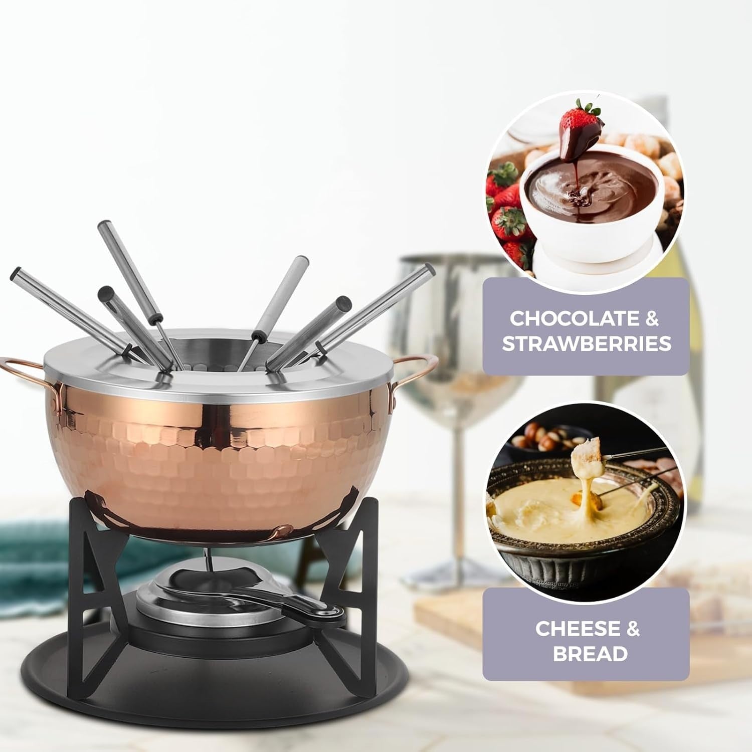 Stainless Steel Fondue Set 6 Fork Cheese Chocolate Pot Gold Burner