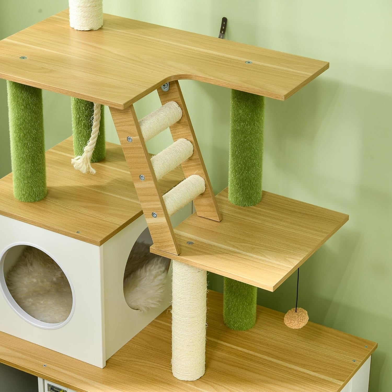 Cat Tree with Hidden Litter Box Cabinet Indoor Tower Scratcher House Ladder
