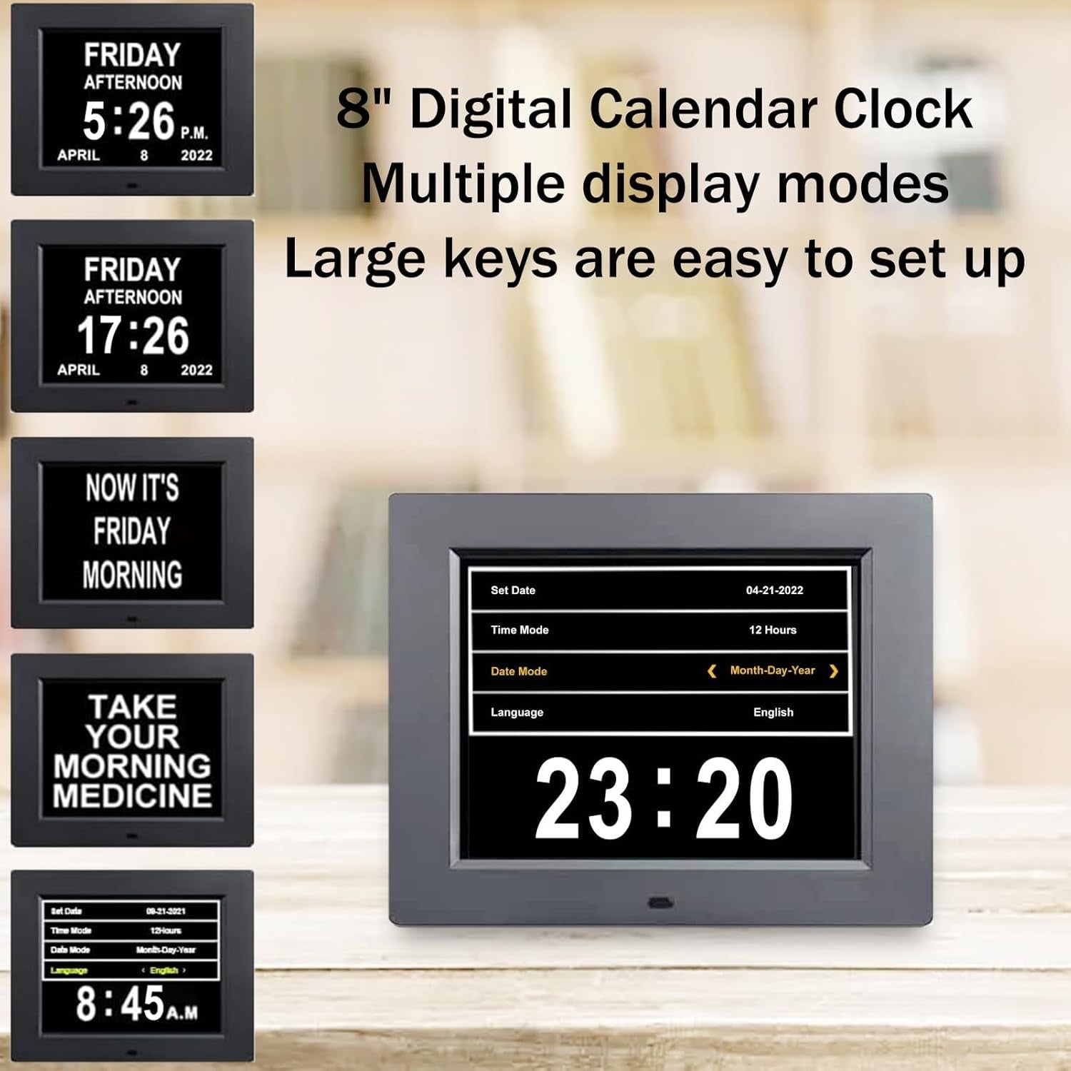 Digital Day Calendar Alarm Clock for Seniors Dementia Black Large Display