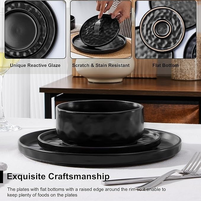 12 Piece Matte Black Stoneware Dinner Set for 4 Reactive Glaze Plates Bowls