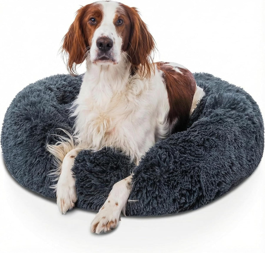 Large Calming Donut Dog Bed 80cm Washable Non Slip Dark Grey